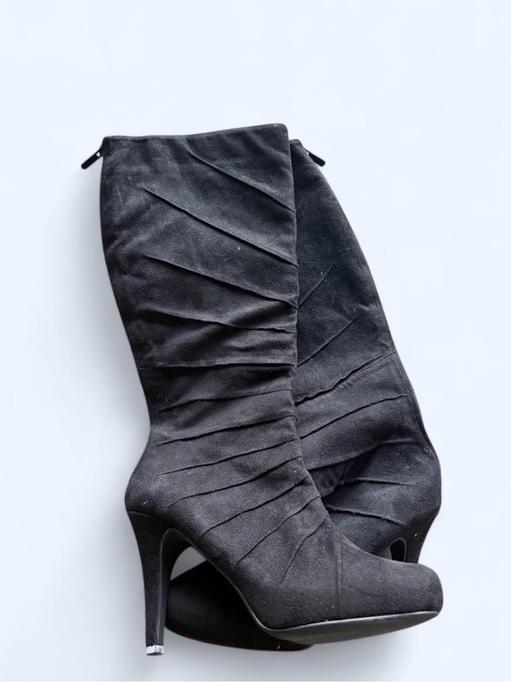 Women's Black Ruched Suede Heeled Boots